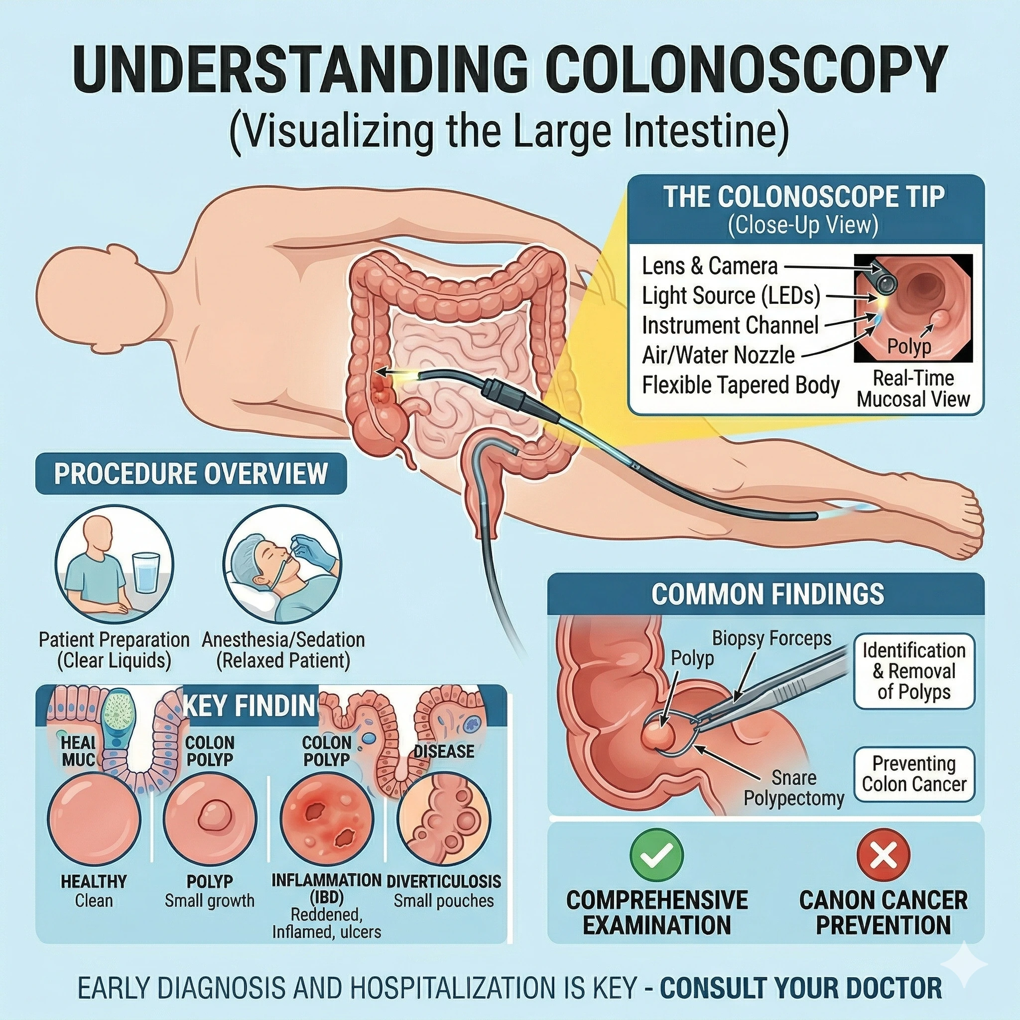 A comprehensive medical infographic for The Lifeline Clinic explaining the colonoscopy procedure, including the colonoscope tip, patient preparation, and common findings like polyps and inflammation.
