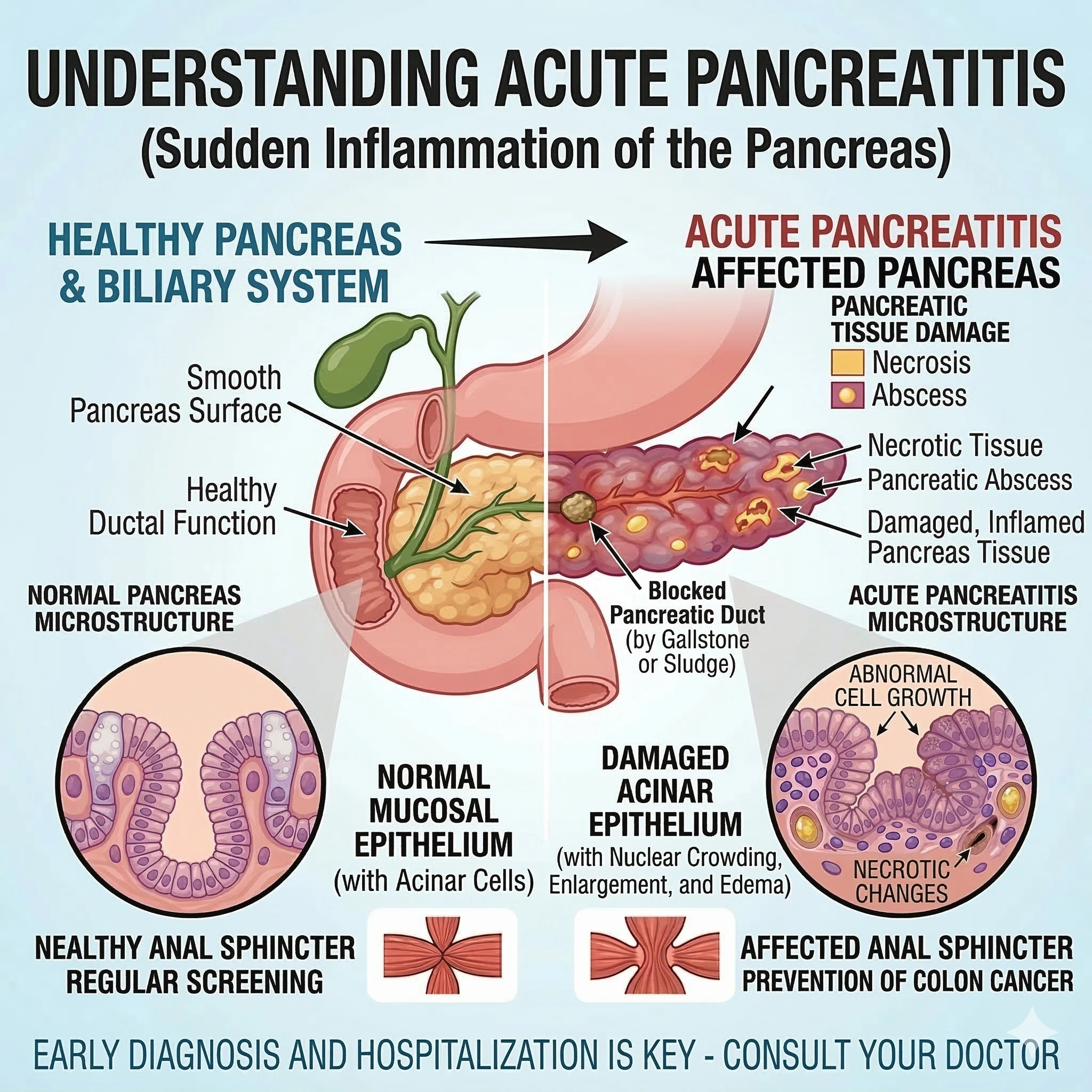 A medical comparison for The Lifeline Clinic showing a healthy pancreas and biliary system versus an inflamed pancreas with duct blockage, necrosis, and tissue damage.