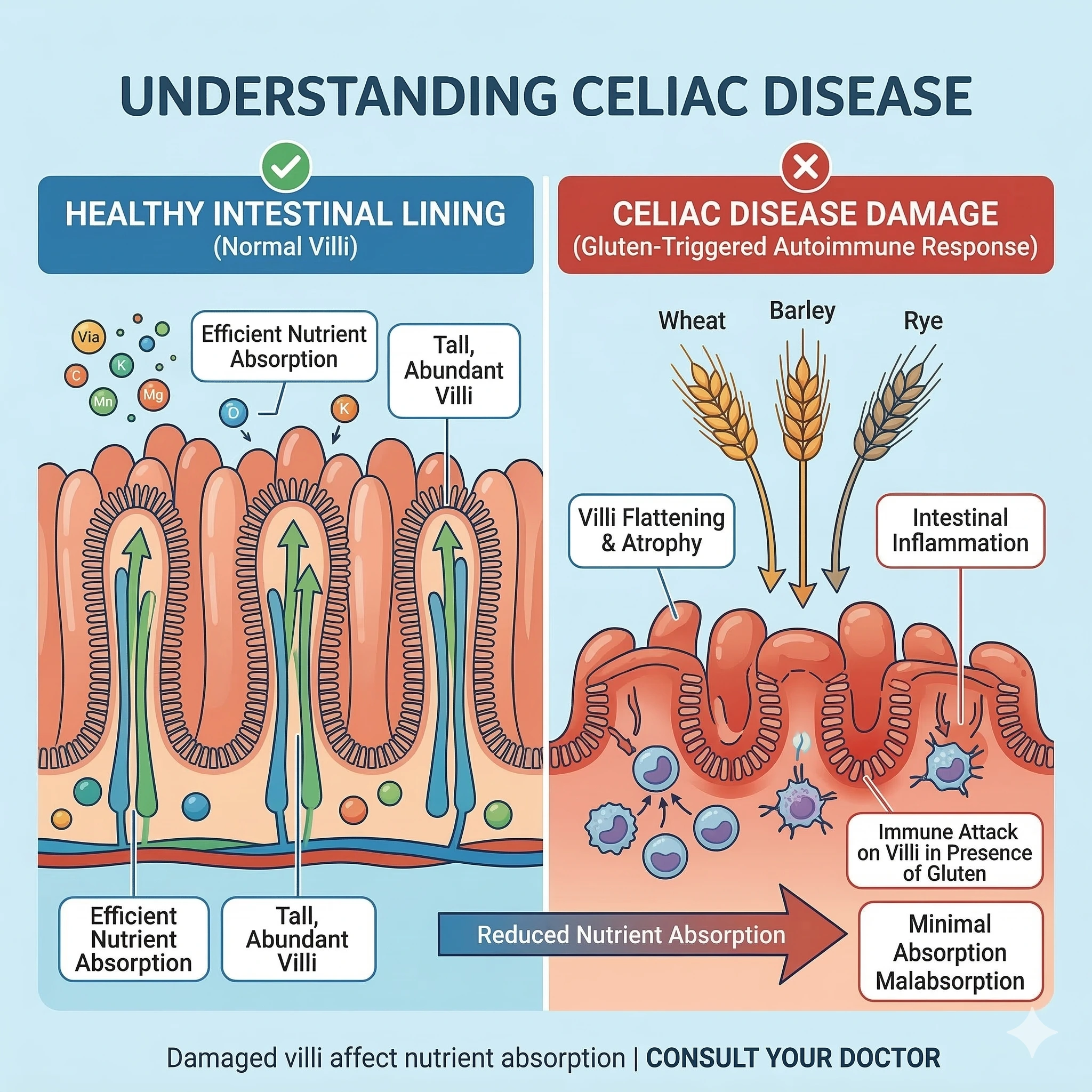 A medical comparison for The Lifeline Clinic showing a healthy small intestine with functional villi versus one affected by Celiac Disease with blunted villi and inflammation.