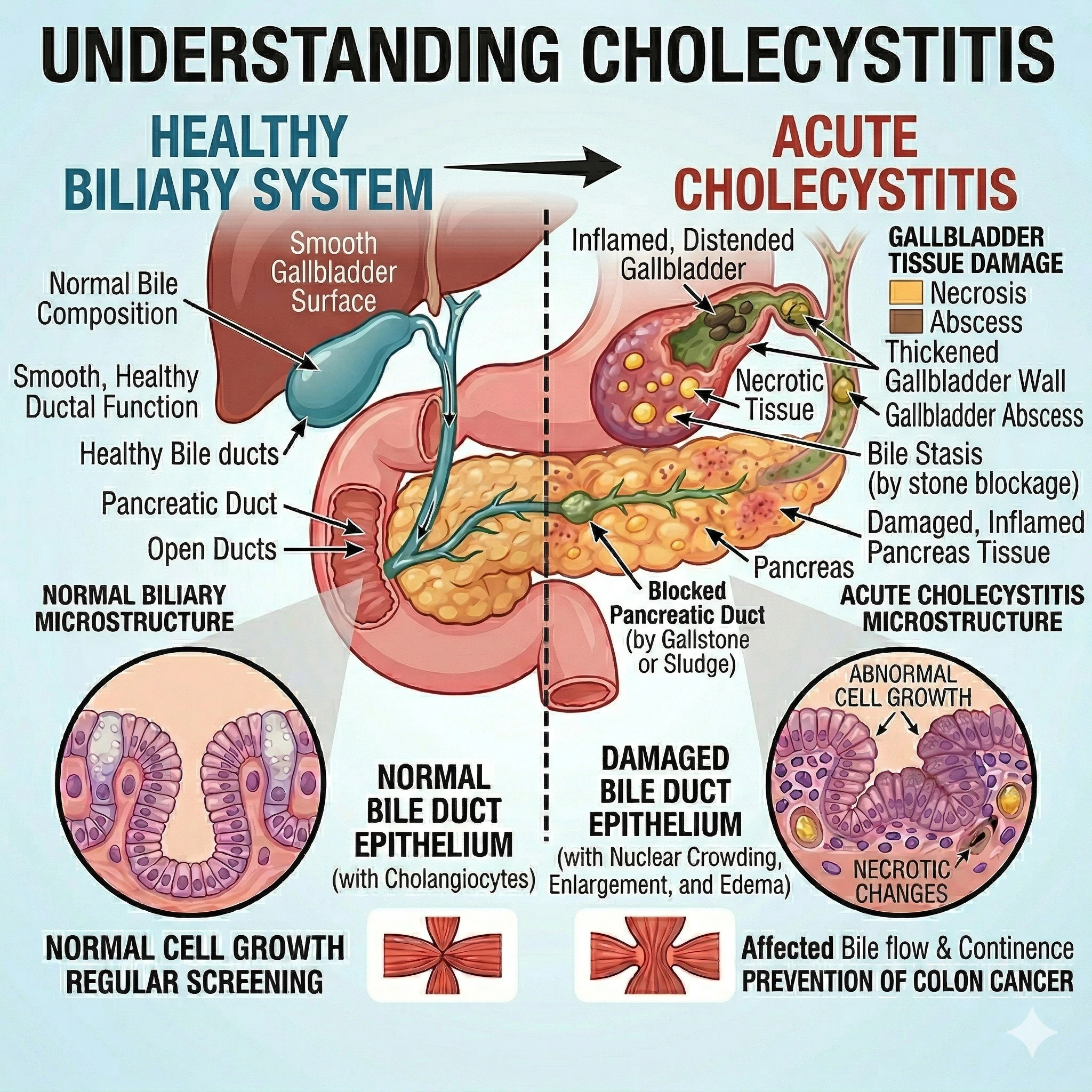 A medical diagram for The Lifeline Clinic comparing a healthy biliary system to acute cholecystitis, showing a thickened gallbladder wall, inflammation, and bile stasis.
