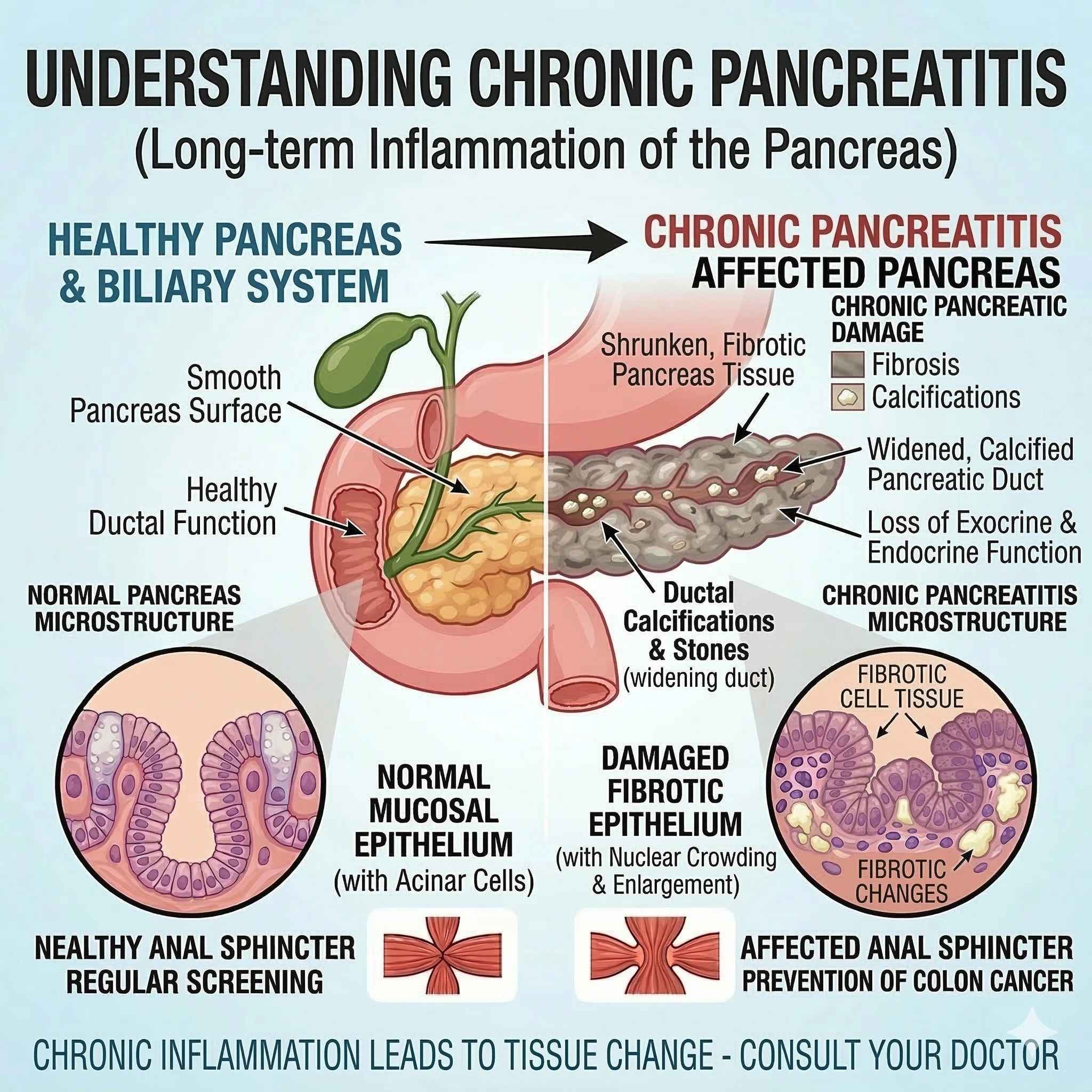 Medical illustration for The Lifeline Clinic showing a healthy pancreas versus a chronic pancreatitis pancreas with fibrosis, calcifications, and a widened duct.