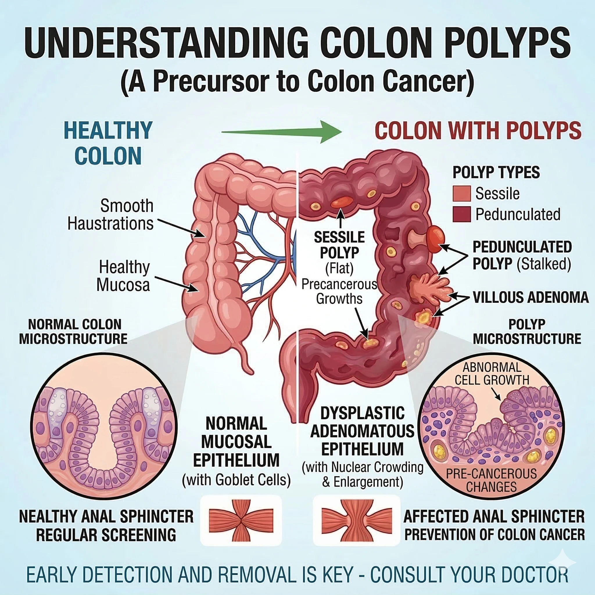 Medical illustration for The Lifeline Clinic showing a healthy colon vs. a colon with polyps, detailing sessile and pedunculated types and precancerous tissue changes.