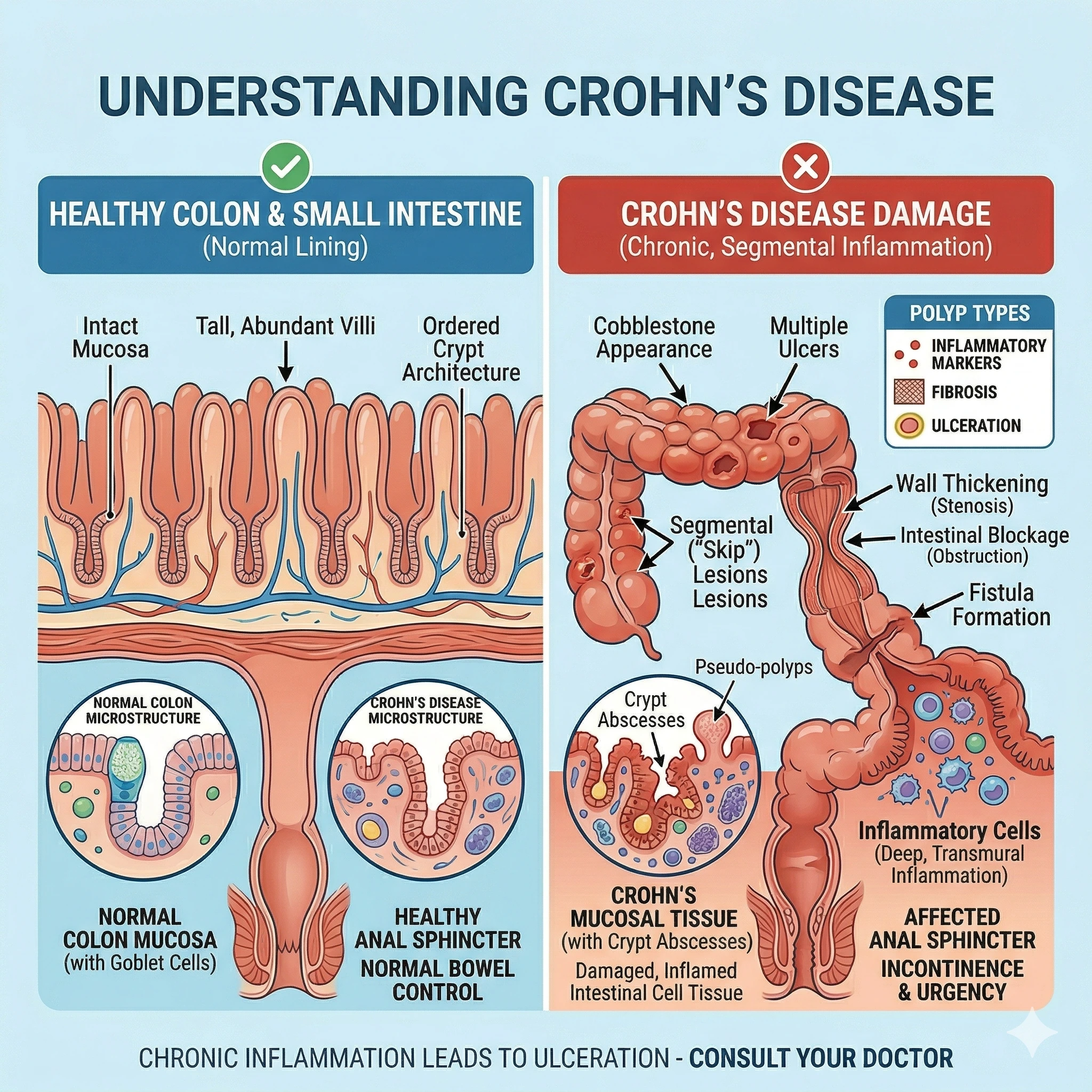 A medical comparison for The Lifeline Clinic showing a healthy colon and small intestine versus one affected by Crohn’s Disease, illustrating deep transmural inflammation, cobblestone appearance, segmental 'skip' lesions, wall thickening, and fistula formation.