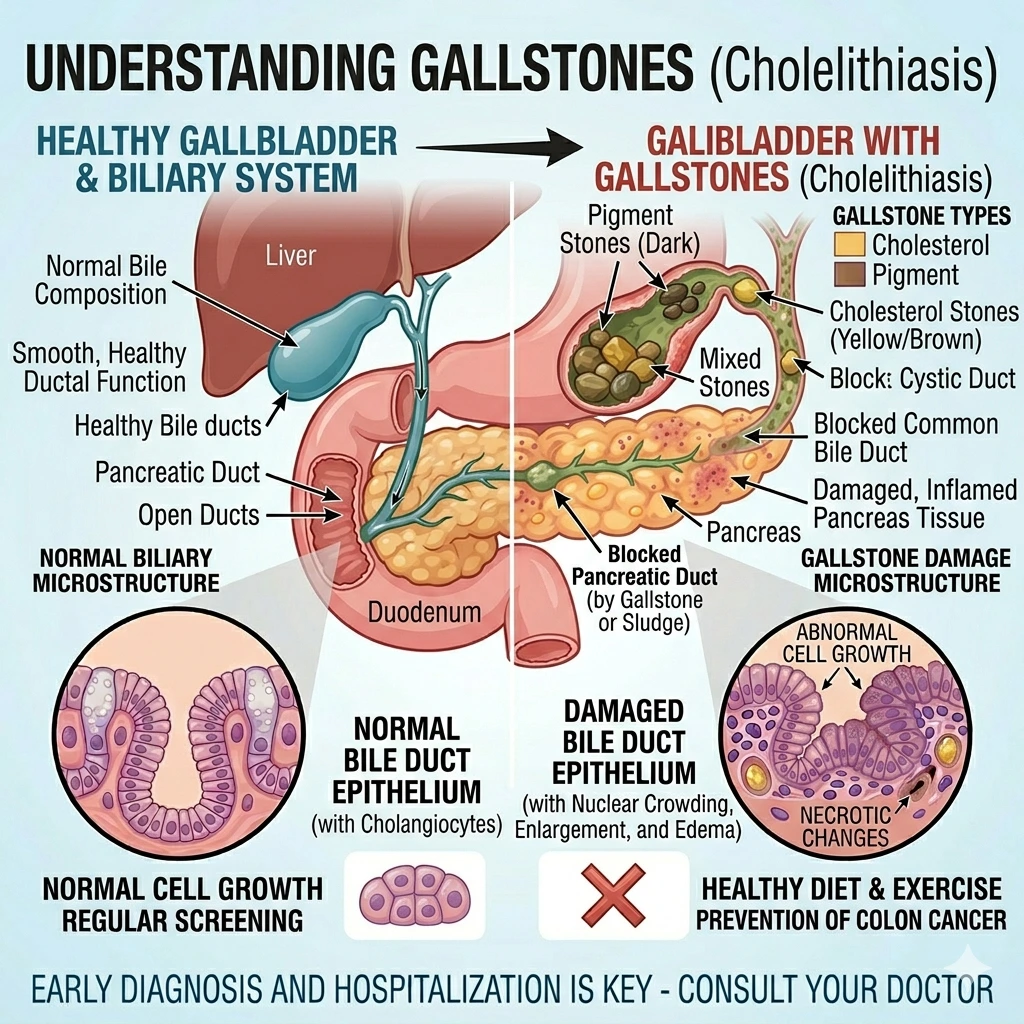 Medical illustration for The Lifeline Clinic comparing a healthy biliary system to a gallbladder with gallstones, showing duct blockages (cystic and common bile duct) and different stone types