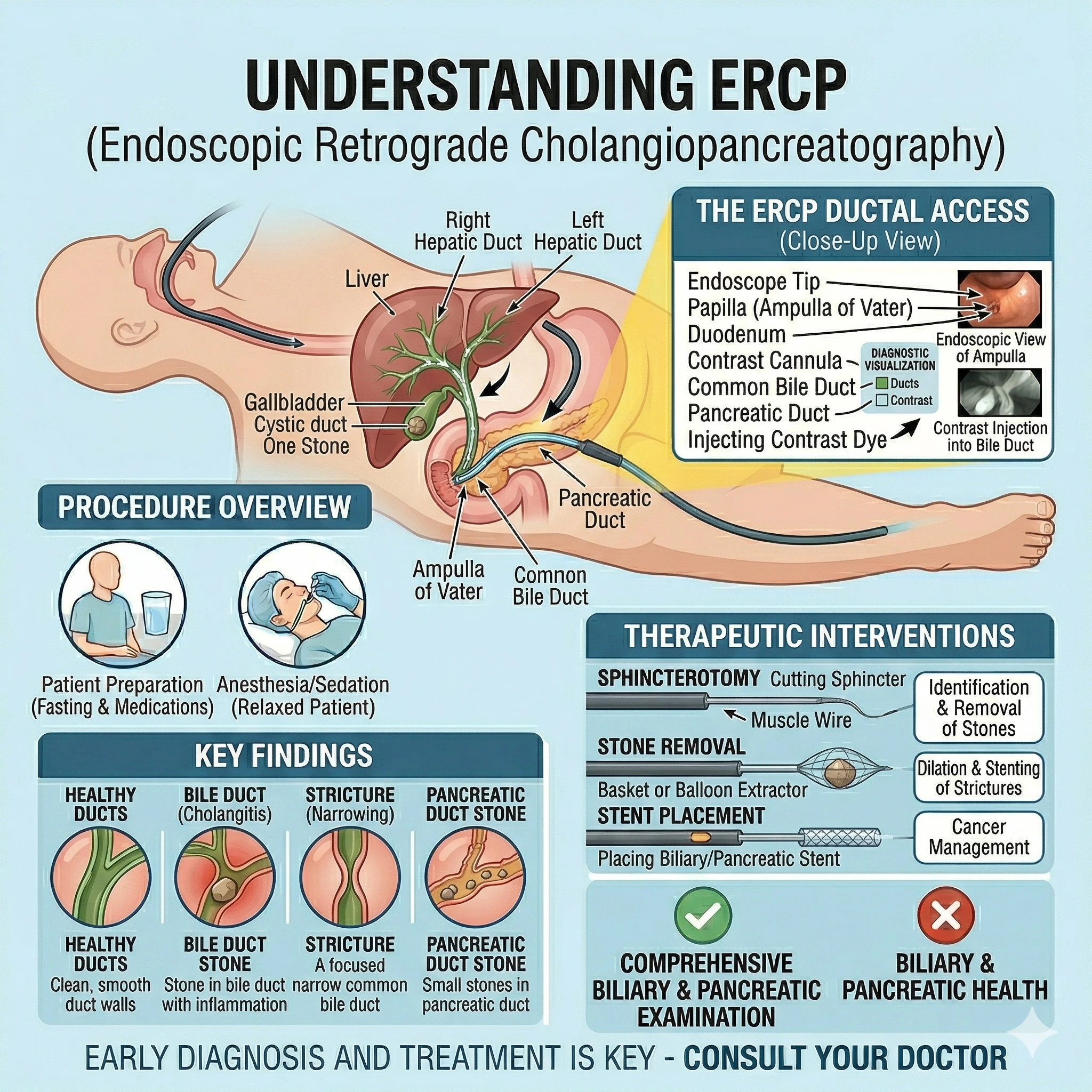 Comprehensive medical diagram for The Lifeline Clinic explaining the ERCP procedure, including ductal access, stone removal with baskets, and biliary stent placement.