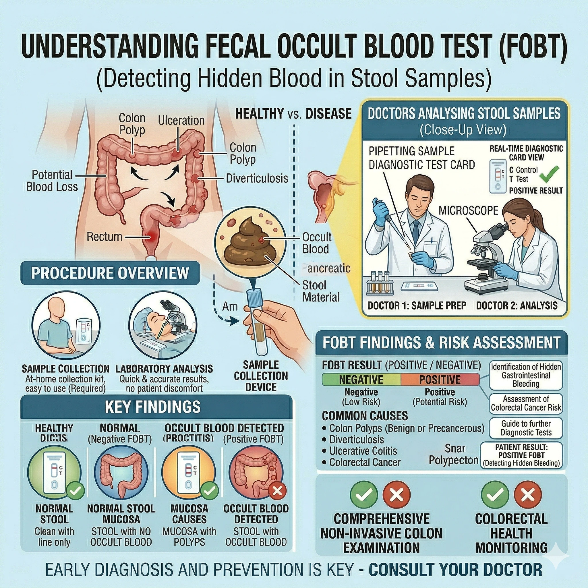 A detailed medical infographic for The Lifeline Clinic explaining the Fecal Occult Blood Test (FOBT) process, from at-home sample collection to laboratory analysis for colon polyps and hidden bleeding.