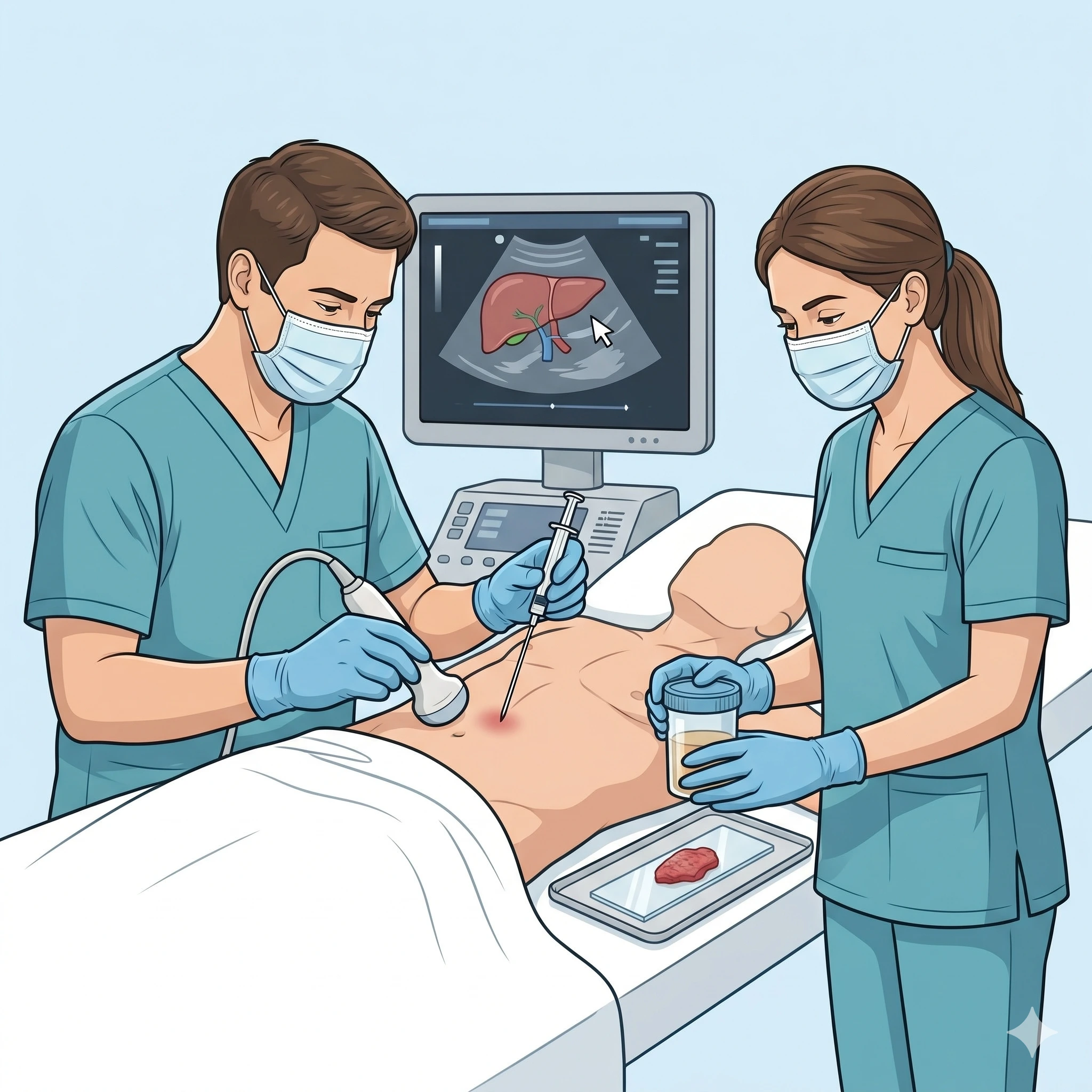 A medical illustration for The Lifeline Clinic showing a doctor performing an ultrasound-guided liver biopsy on a patient to obtain a tissue sample.