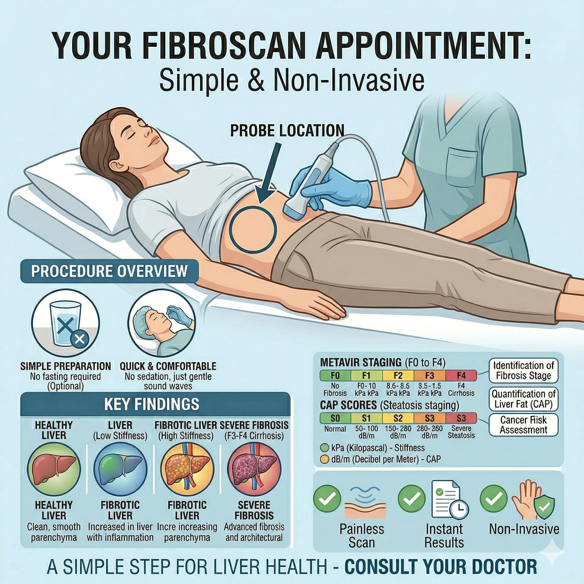 A patient-friendly infographic for The Lifeline Clinic showing the non-invasive FibroScan procedure, liver stiffness staging, and fatty liver CAP scores.