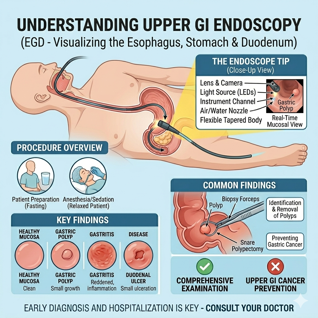 A comprehensive medical infographic for The Lifeline Clinic explaining the colonoscopy procedure, including the colonoscope tip, patient preparation, and common findings like polyps and inflammation.